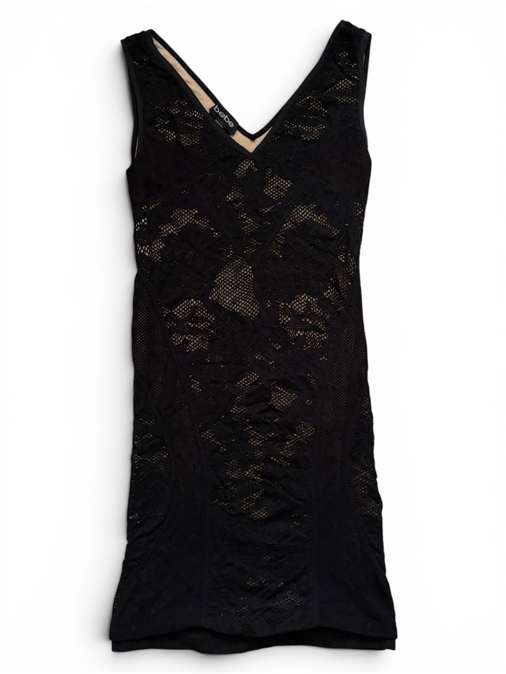 bebe Black Lace V-Neck Dress with Nude Lining